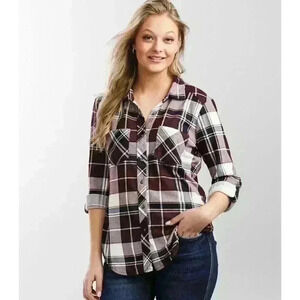 Eden & Olivia Maroon Black Plaid Roll-Tab 3/4 Sleeve Button-Front Knit Shirt 3X